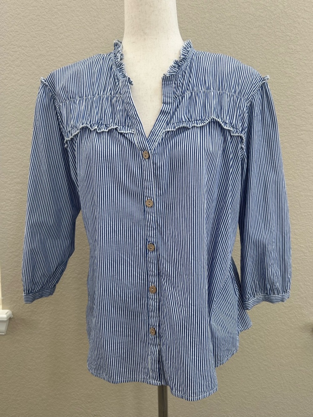 Blue Stripe Dear John (Nordstrom) Ruffle-Trim Button Front Women's Top M